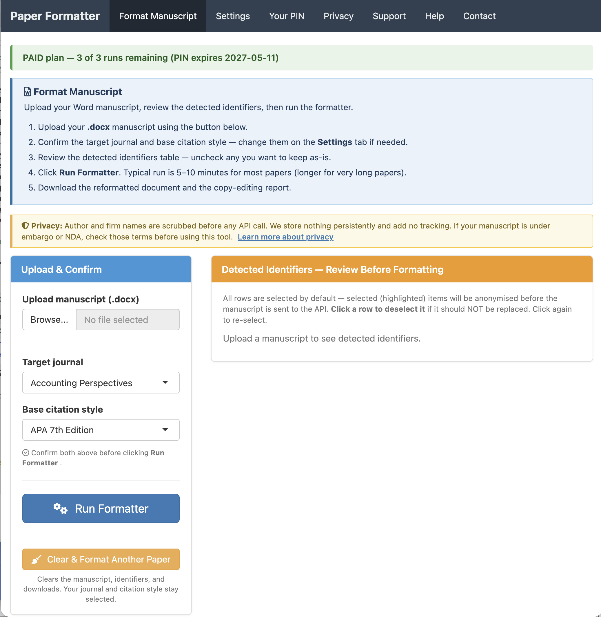 Empty Format Manuscript tab — upload panel on the left, detected identifiers panel waiting on the right